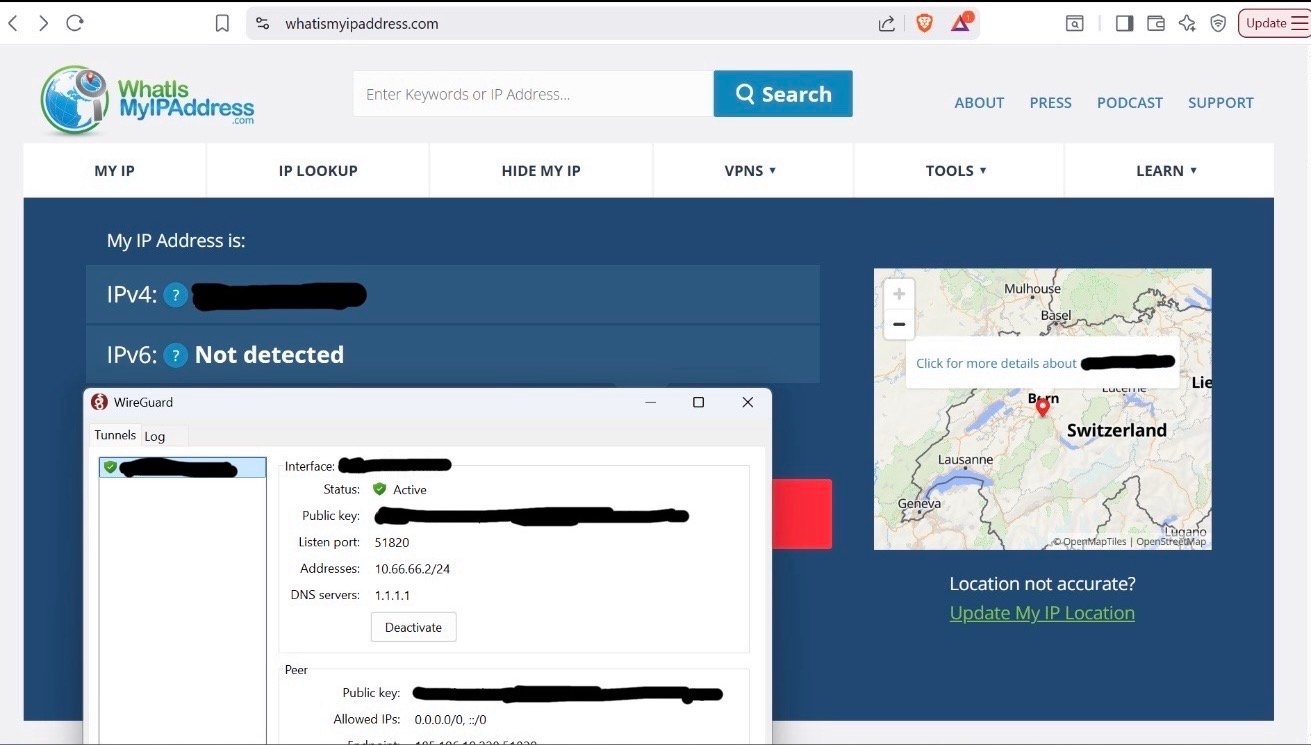 WireGuard VPN active with traffic routed through a Swiss VPS